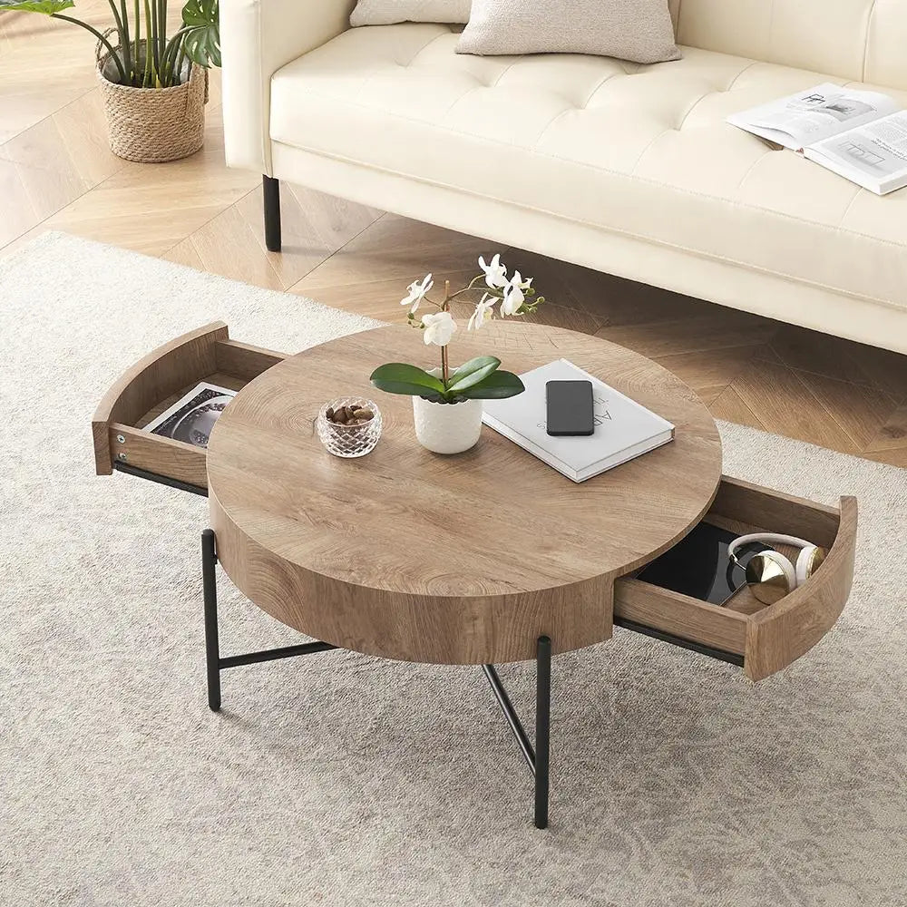 Round Coffee Table Solid Wood Center Table with Two Drawers Farmhouse Circle End Table Nightstand for Living Room Bedroom