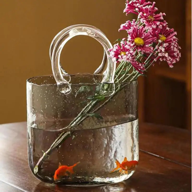 Handbag Shape Clear Vase Mini Crystal Fish Tank Desktop Glass Basket Vase For Home Decor/Enterpiece/Events/Office/Garden/Wedding