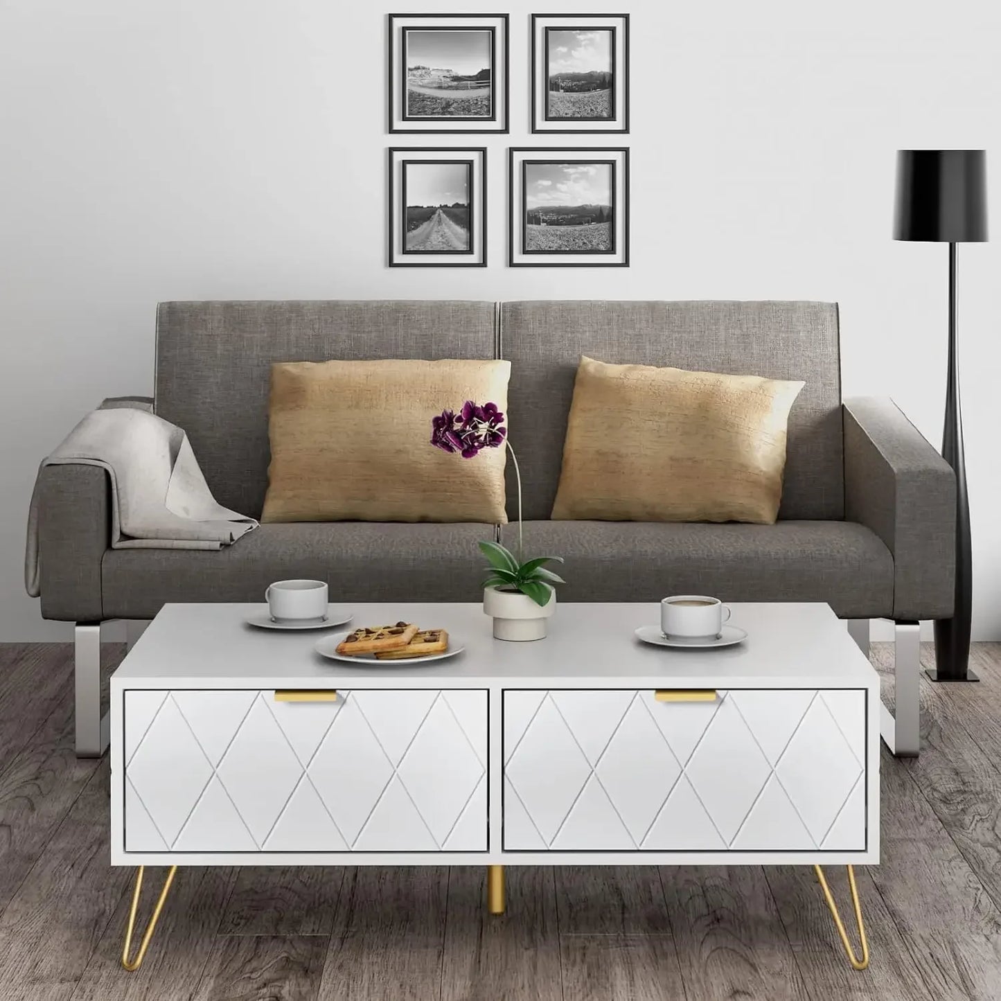 39.4''  White Coffee Table with Drawers，2 Storage Shelves,   with Gold Metal Handles for Living Room, Bedroom and Study