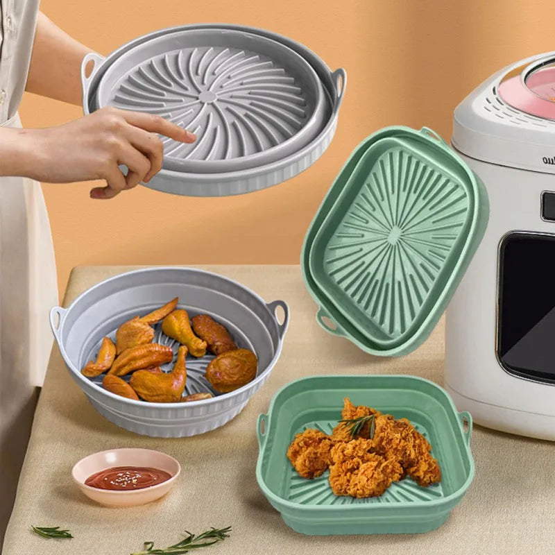 Foldable Air Fryer Silicone Basket Airfryer Oven Baking Tray Silicone Mold Pizza Fried Chicken Basket Reusable Pan Accessories