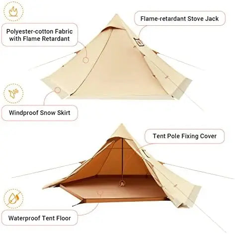 Tent with Stove Jack, 4 Season Cotton Hot Teepee Tent with Snow Skirt, Set-up Rainfly, for Glamping, Camping, Hiking, Wind-Proof