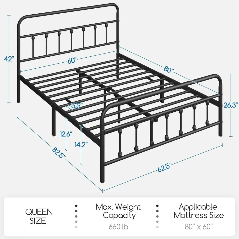 Bed Frame Metal Platform Mattress Foundation with Victorian Iron-Art Headboard/Footboard Bed Storage Queen Size Black BedFrame