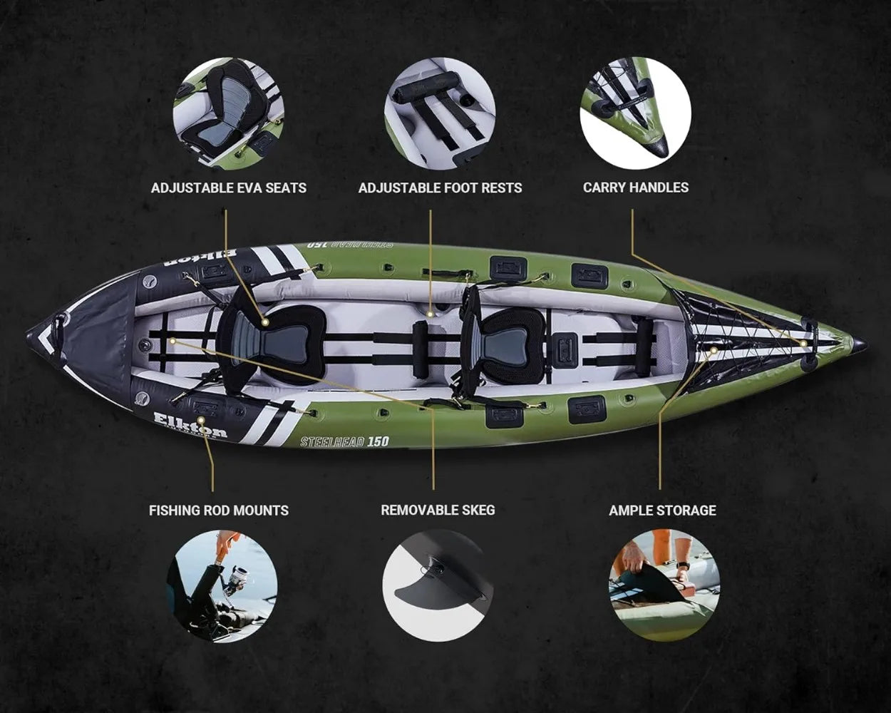 Steelhead Inflatable Fishing Kayak - Angler Blow Up Kayak, Includes Paddle, Seat, Hard Mounting Points, Bungee Storage