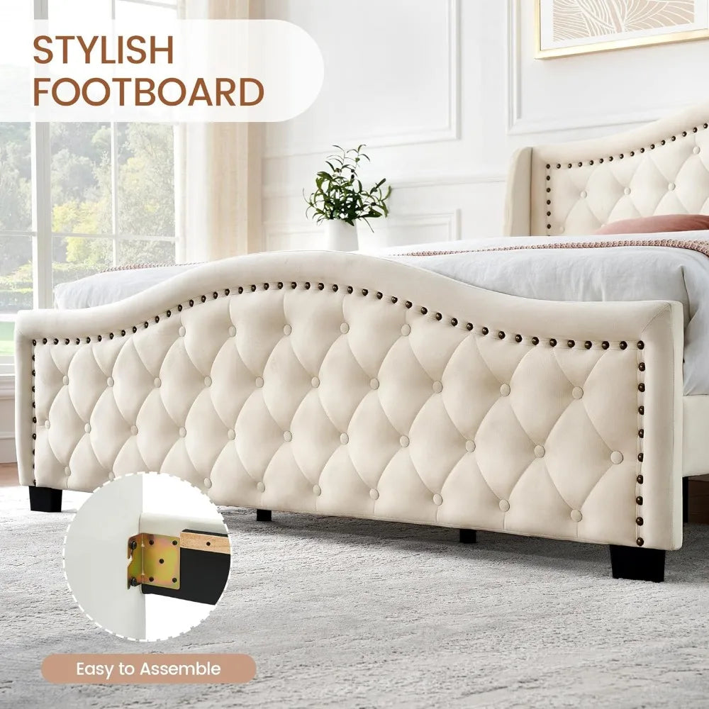 Bedroom furnitureKing size bed frame, padded platform bed with wingback high headboard, no springs, off-white