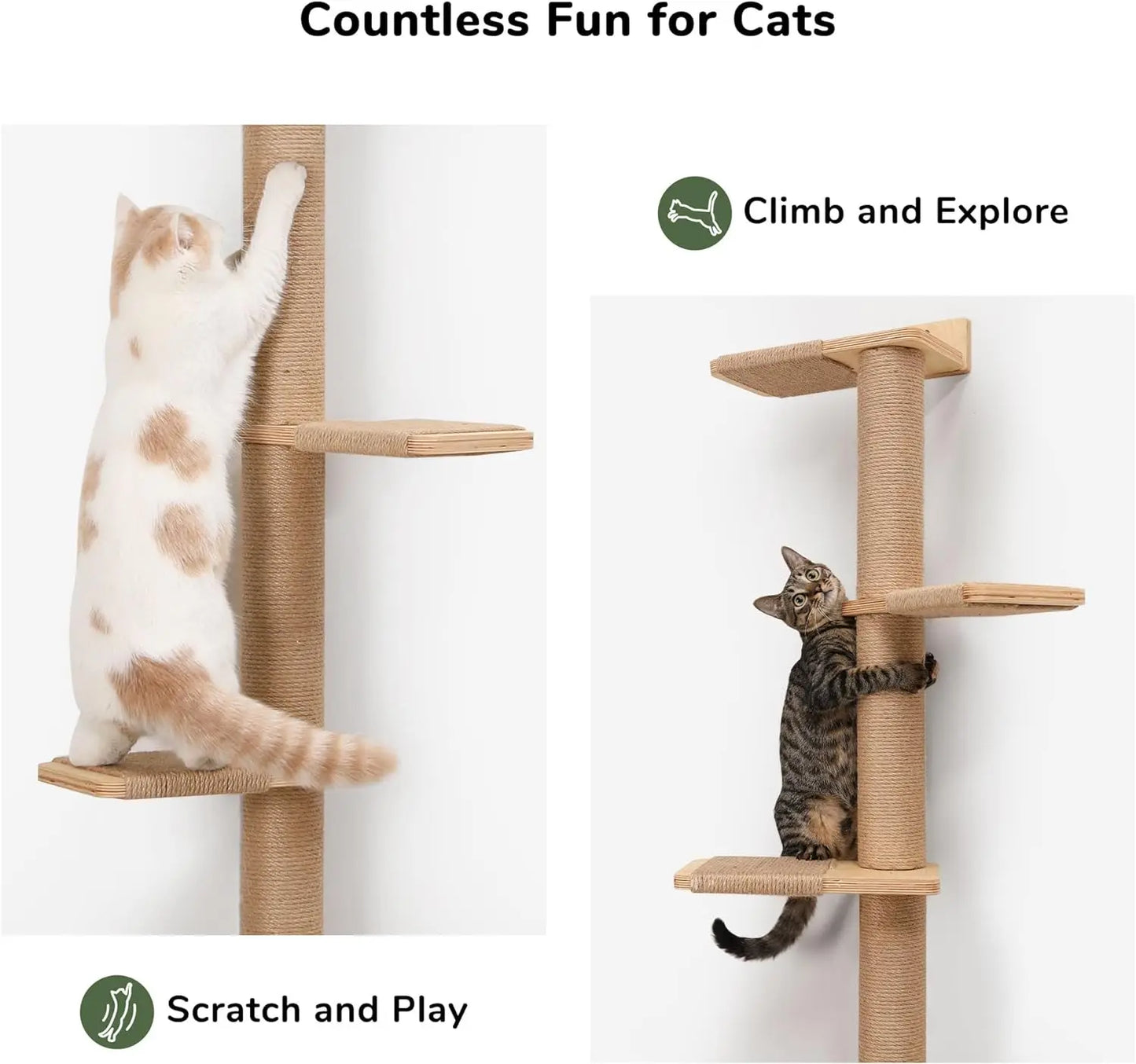 FUKUMARU Tall Cat Tree, 5 Tier Floor to Ceiling Cat Tower, Wall-Mounted Scratching Post, Wild Simulation Wall Shelves, S