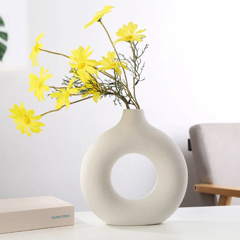 Nordic Vase Circular Hollow Ceramic Donuts Flower Pot Home Living Room Decoration Accessories Interior Office Desktop Decor Gift