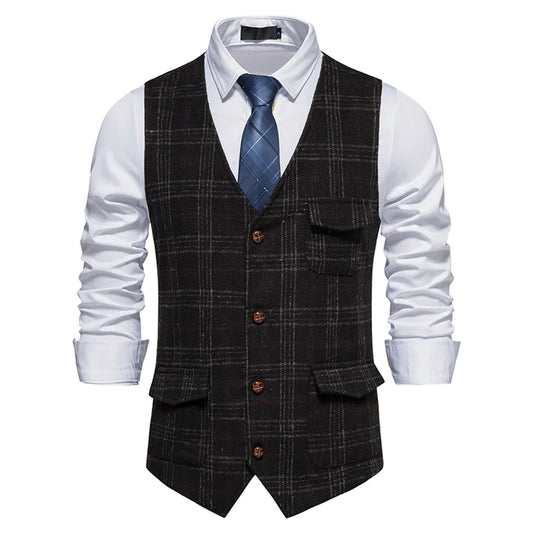 New Coat Men Plaid Printing Suit Vest Outwear European And American V Neck Suede Single Breasted Coat Mens Casual Vest 2023