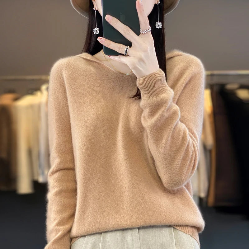 Knitted sweater cashmere sweater women's 100% merino wool hooded V-neck pullover winter autumn hoodie top women's clothing