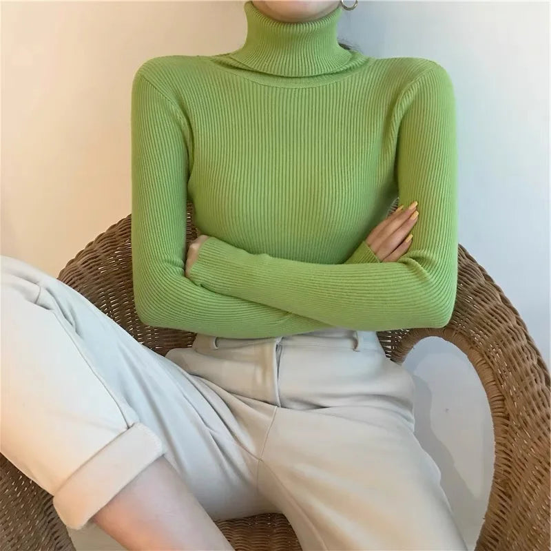 New Women Fall Turtleneck Sweater Soft Knitted Pullovers Korean Slim Long Sleeve Bottom Tops Chic Blouse Jumpers Ladies Knitwear