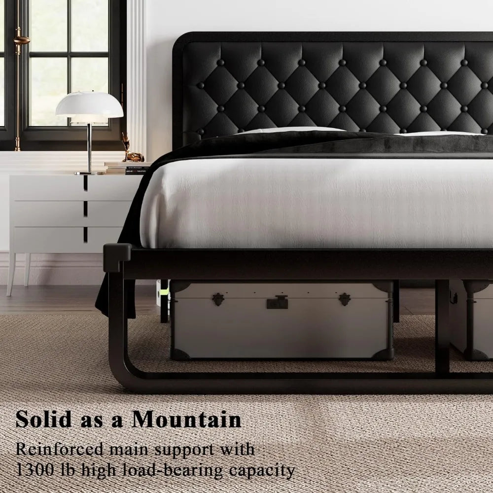 full size bed frame, Upholstered Platform Bed Frame, with heavy duty steel slats, diamond tufted headboard