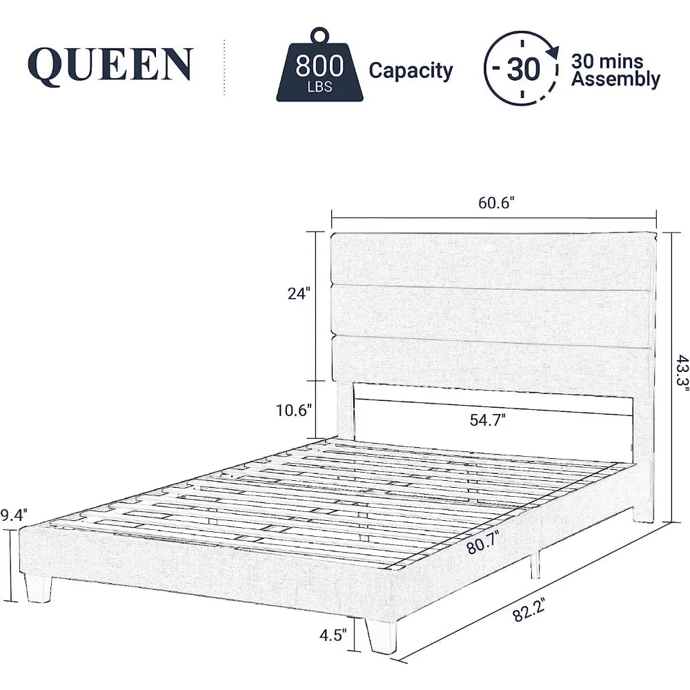 Queen Size Platform Bed Frame with Fabric Upholstered Headboard and Wooden Slats Support