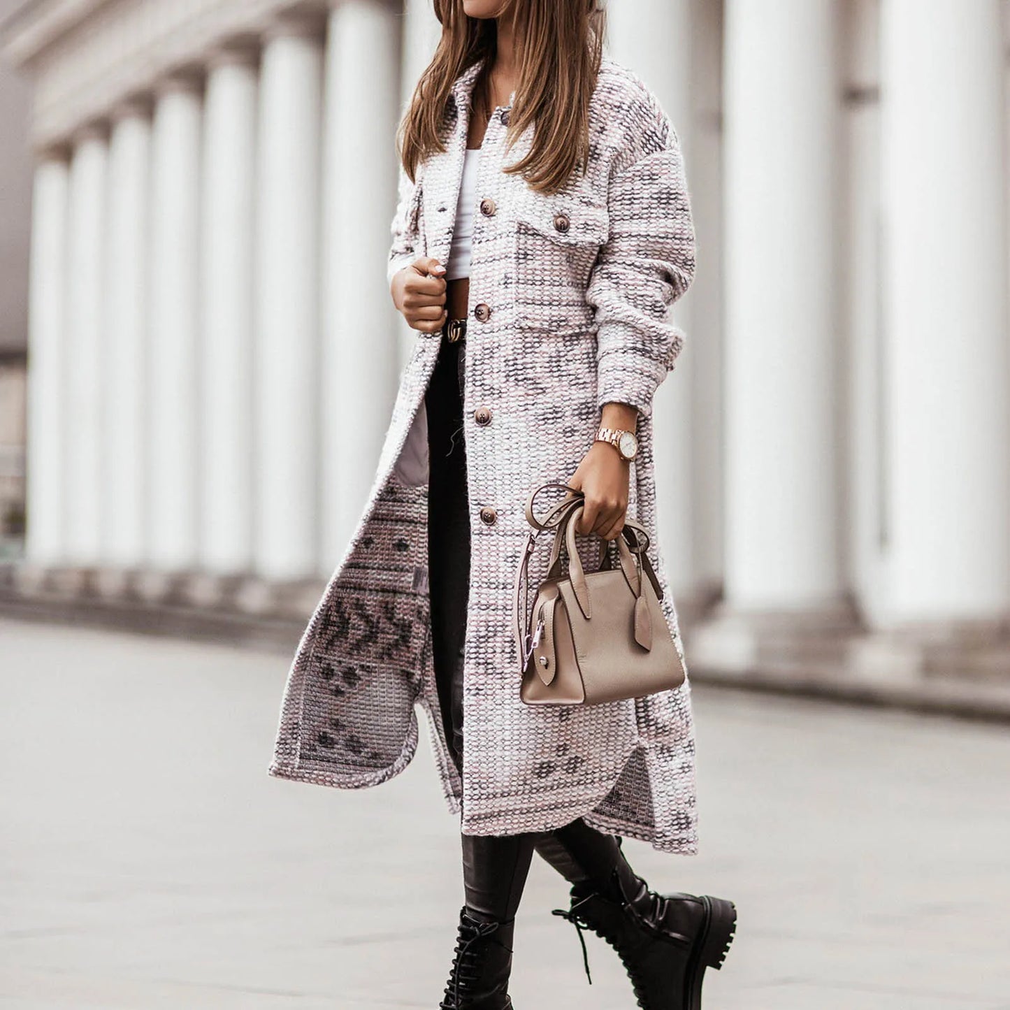 Autumn And Winter Women'S Slim Midi Overcoat Stylish Metal Single Breasted Buckle Printed Lapel Trench Coats With Pockets