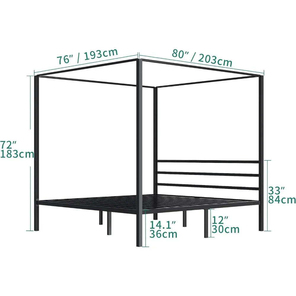 Black Bed Frame Metal Four Poster Canopy Bed Frame 14 Inch Platform With Built-in Headboard Strong Metal Slat Mattress Support