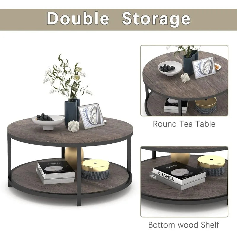 Round Coffee Table,36" Coffee Table for Living Room,2-Tier Rustic Wood Desktop with Storage Shelf Modern Design Home Furniture