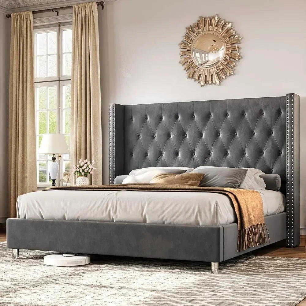 Velvet Platform Bed Tufted Upholstered Platform Bed Frame with Sturdy Wooden Slats, No Springs Required, Easy To Assemble