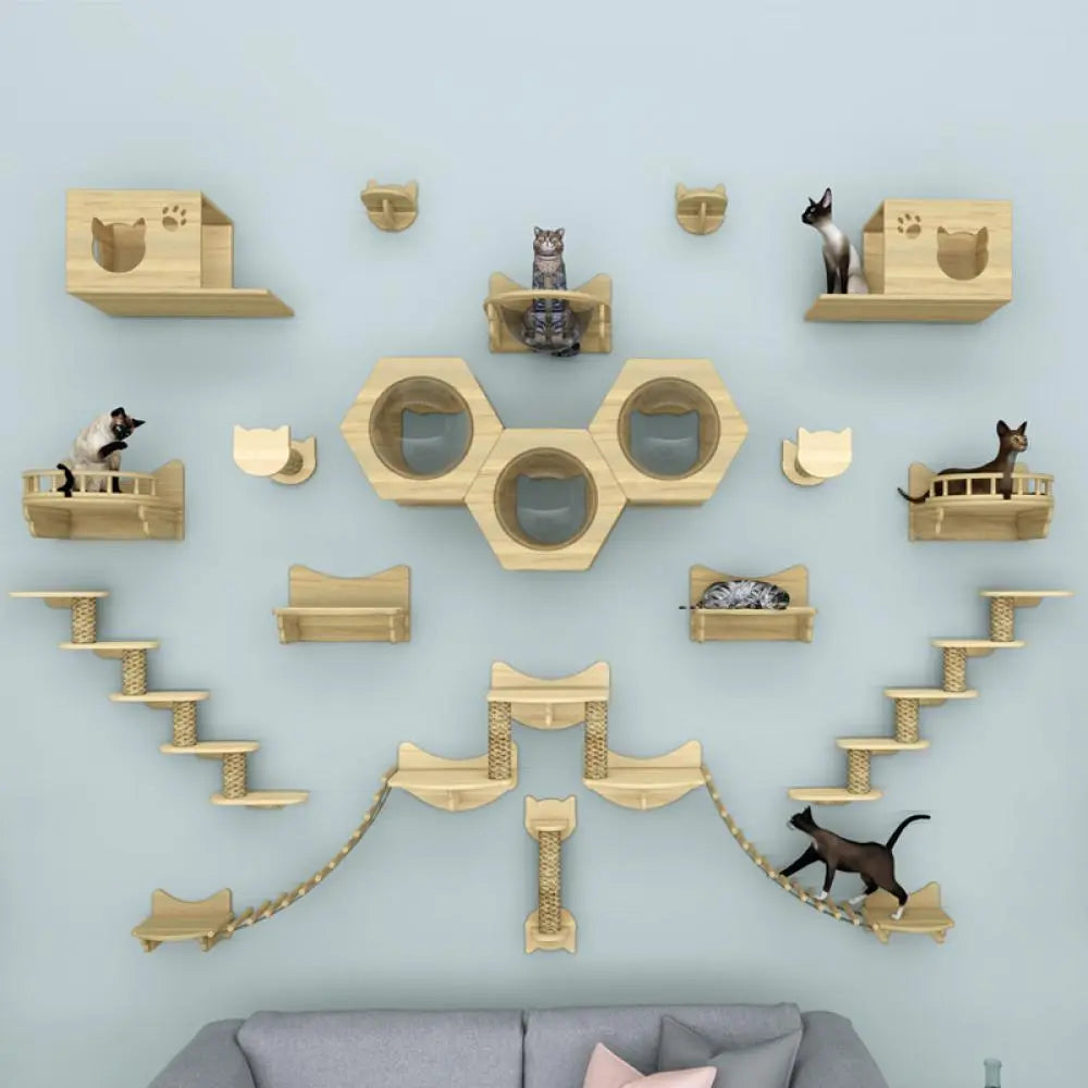 Wall Mounted Cat Climbing Shelves Wooden Furniture Scratcher Jumping Platform Rope Ladder Cat Sleeping and Playing