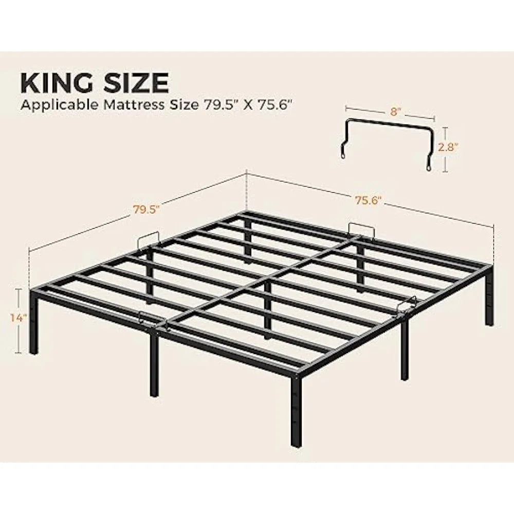 King Size Bed Frame,Heavy Duty Steel Platform Bed Frames with Mattress Retainer Bar,14 Inch Storage Space Beneath Bed,Noise Free