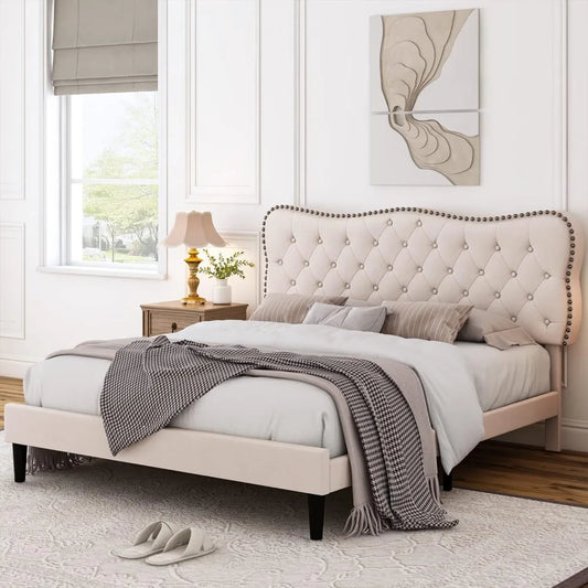 Bed Frame, Linen Fabric Upholstered Platform with Adjustable Headboard, Diamond Tufted Mattress Foundation with Wood Slats