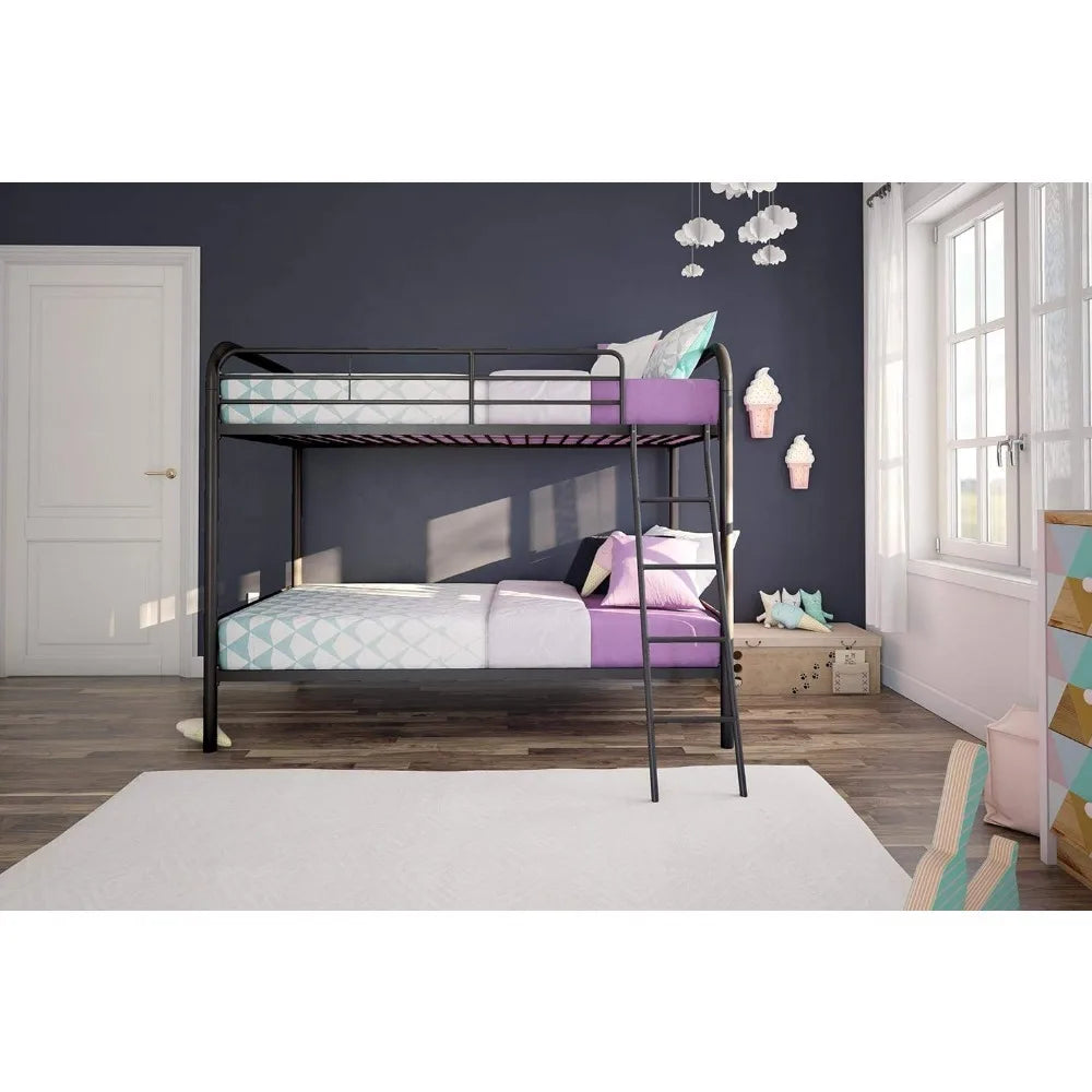 Twin-Over-Twin Bunk Bed with Metal Frame and Ladder, Space-Saving Design, Black