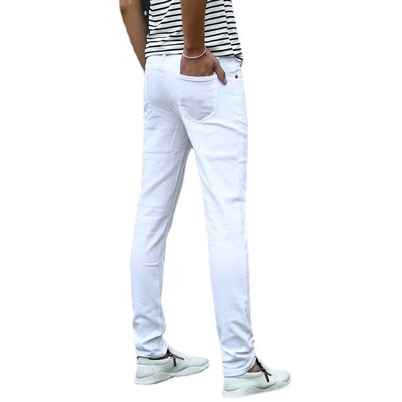 Men's Elastic Slim White Jeans Pants Korean Fashion Youth Slim Fit Cargo Pants Classic Streetwear Mens Denim Trousers