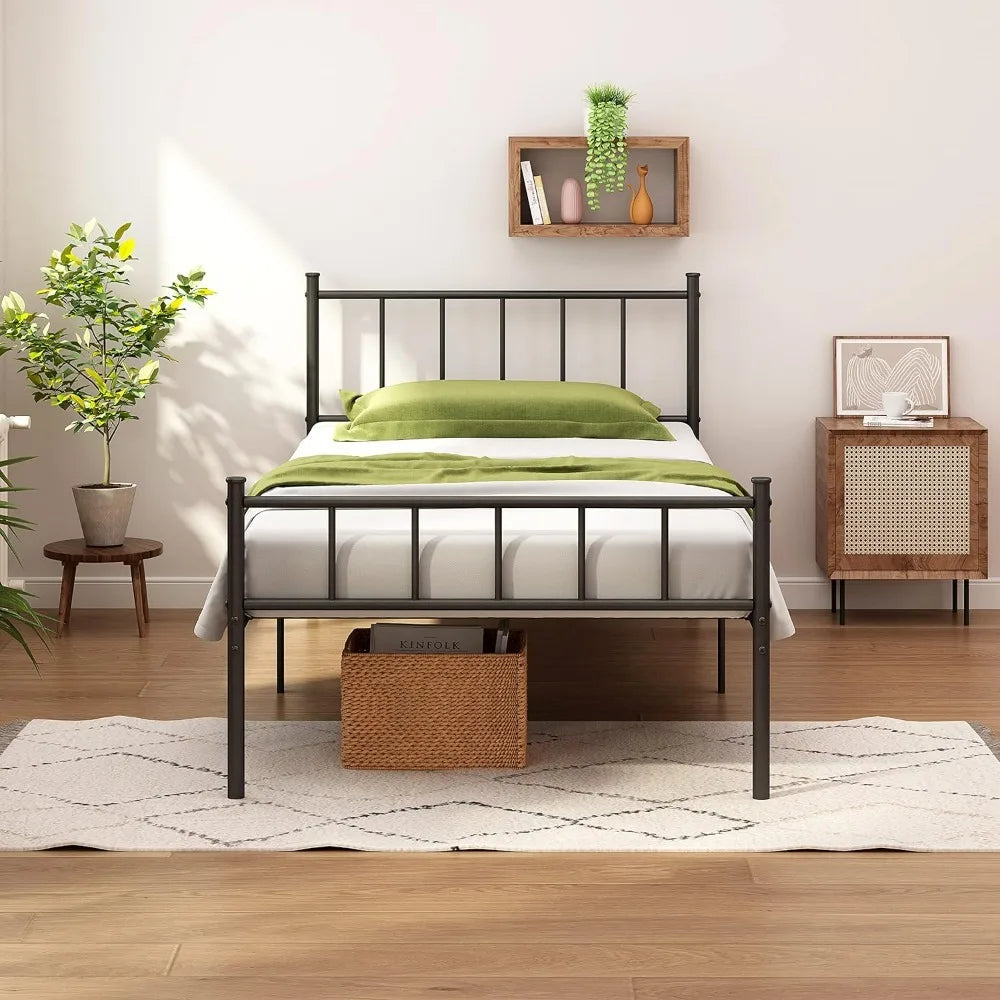 Twin Size Metal Platform Bed Frame with Heavy Duty Steel Slats, 14" Easy To Assemble, No Spring Box Required, Black