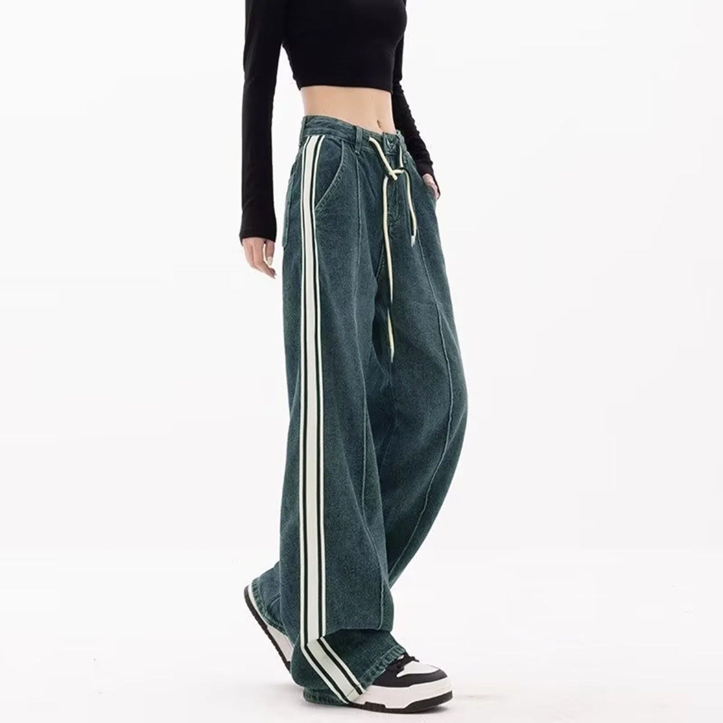 Low Rise Y2K Baggy Jeans Women's Retro Striped Contrast Color Lace Up Washed Denim Trousers Spring Autumn Wide Leg Jeans Pants