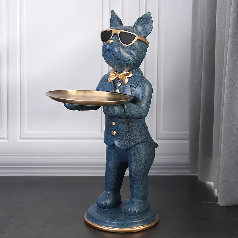 67cm Floor French Bulldog butler with Tray Sculpture Big Resin Dog Statue Animal Nordic Home Decoration Ornament Living room