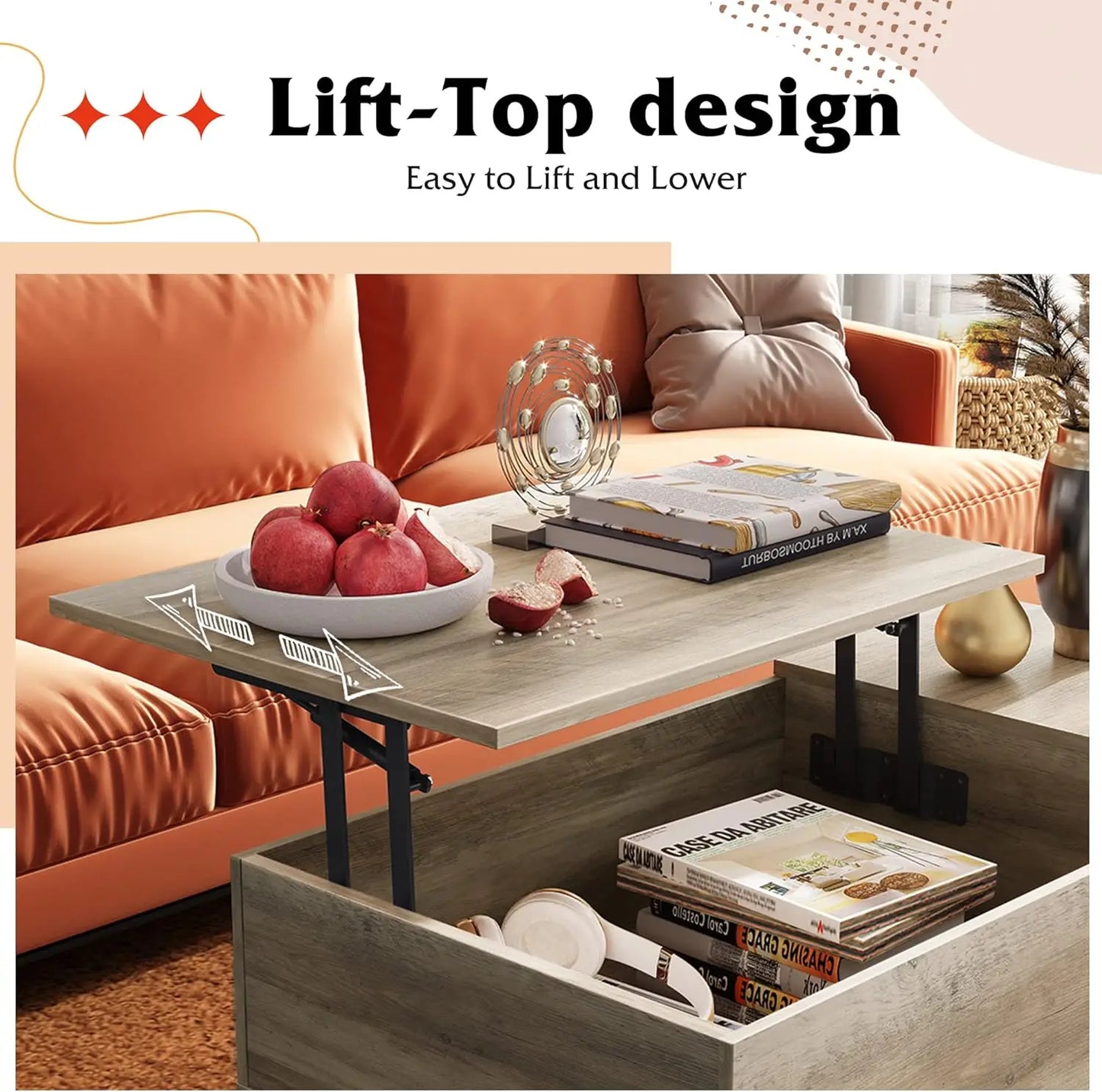 WLIVE Lift Top Coffee Table with Storage for Living Room,Small Hidden Compartment and Adjustable Shelf,Mid Century Modern ,Wood,