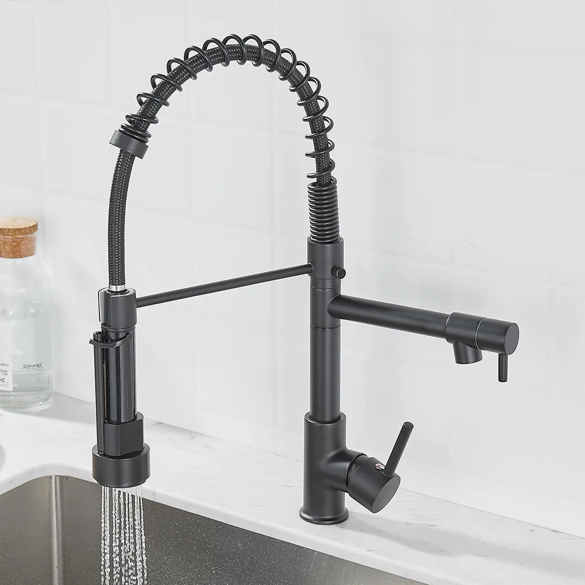 Black Kitchen Faucet Black and Rose Golden Spring Pull Down Kitchen Sink Faucet Hot & Cold Water Mixer Crane Tap with Dual Spout