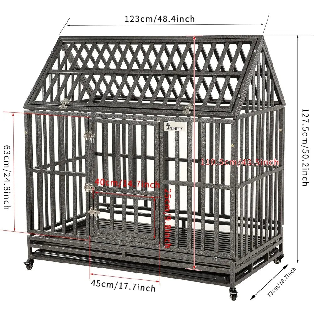 dog cage 48" Heavy Duty Dog Crate Strong Metal Cage House Shape Pet Kennel Crate Playpen with 4 Locking Wheels