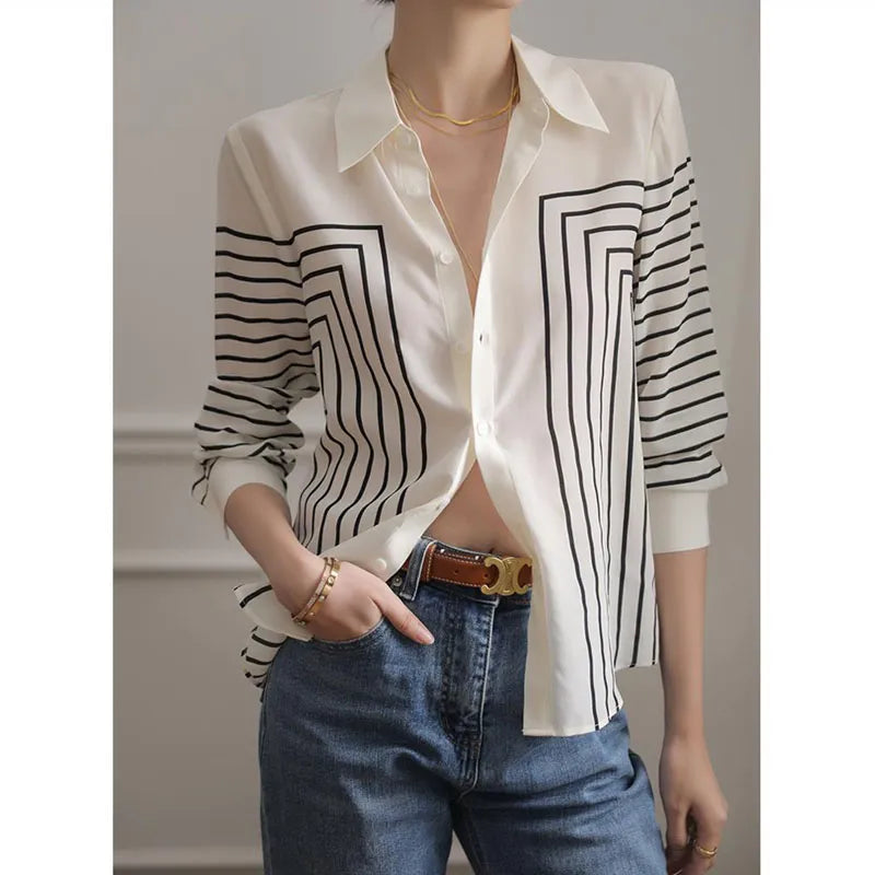 Fashion Printed Lapel Button Loose Striped Shirt Women's Clothing 2022 Autumn New Casual Tops All-match Office Lady Blouse