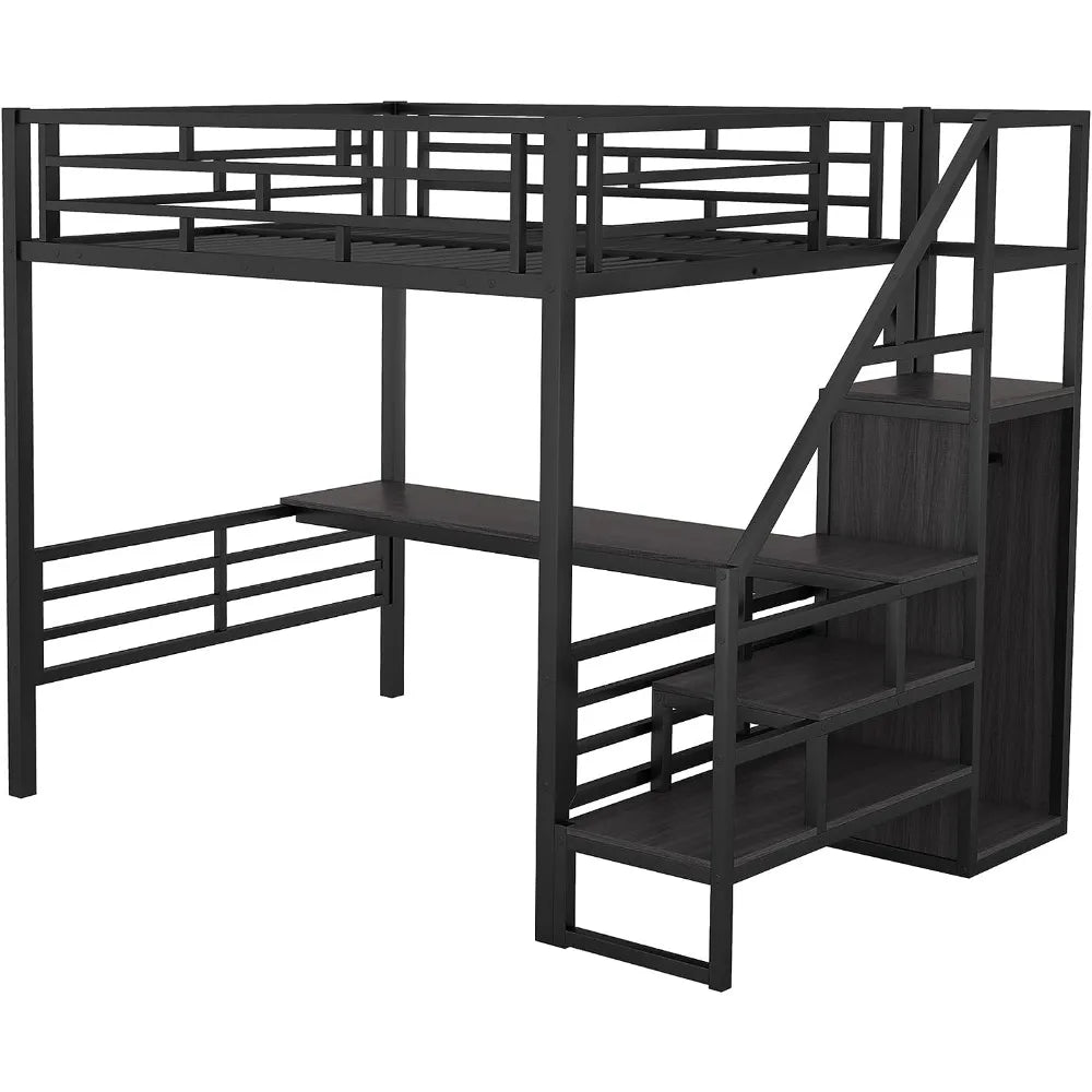 Staircase Full Size Loft Bed with Built-in Desk & Wardrobe,Sturdy Bedframe w/Storage & Safety Guardrail