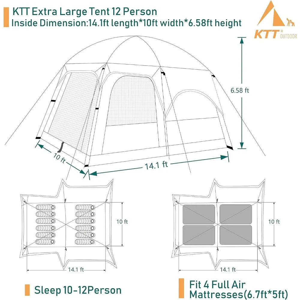 Extra Large Tent 10-12 Person(B),Family Cabin Tents,2 Rooms,Straight Wall,3Doors and 3 Windows with Mesh,Waterproof,Double Layer