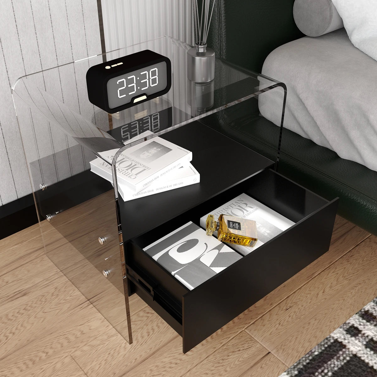 Acrylic End Table Clear Side Table with Black Drawer 2 Tiers U-Shape Nightstand Bedside Table for Small Spaces Bedroom Decor