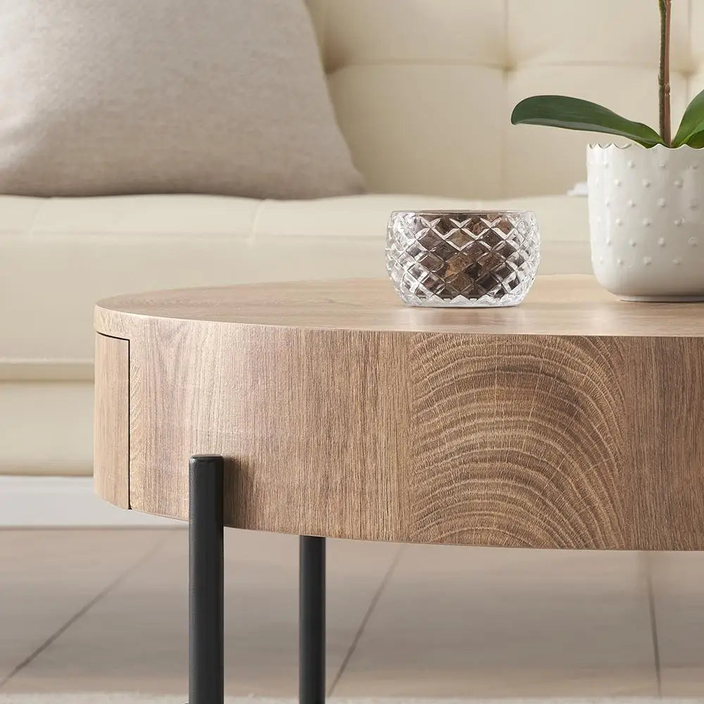 Round Coffee Table Solid Wood Center Table with Two Drawers Farmhouse Circle End Table Nightstand for Living Room Bedroom