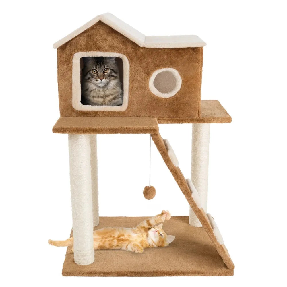 Cat Tree- Plush Multilevel Cat Tower with Scratching Posts Climbing Ladder Cat Condo and Hanging Toy for Cats and Kittens