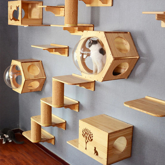 Cat Wall Climbing Shelves Wall Mounted Hammock Cat Scratching Post Wooden Stairway Shelves with Sisal Rope Ladder Wall Cat Tree