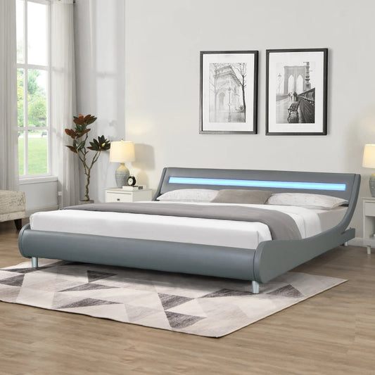 King/Queen Size Upholstered Platform Bed Frame with led lighting,Stylish Curve Design bed with Wood Slat Support,Use For Bedroom