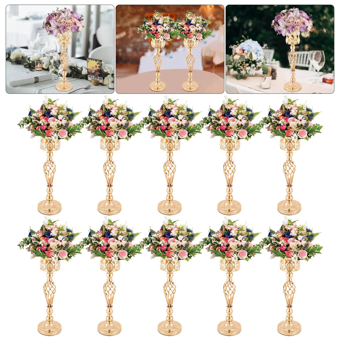 10 Pcs Vases for Centerpieces with Crystal Beads, Wedding Centerpieces for Tables, Metal Flower Stand for Wedding, Birthday