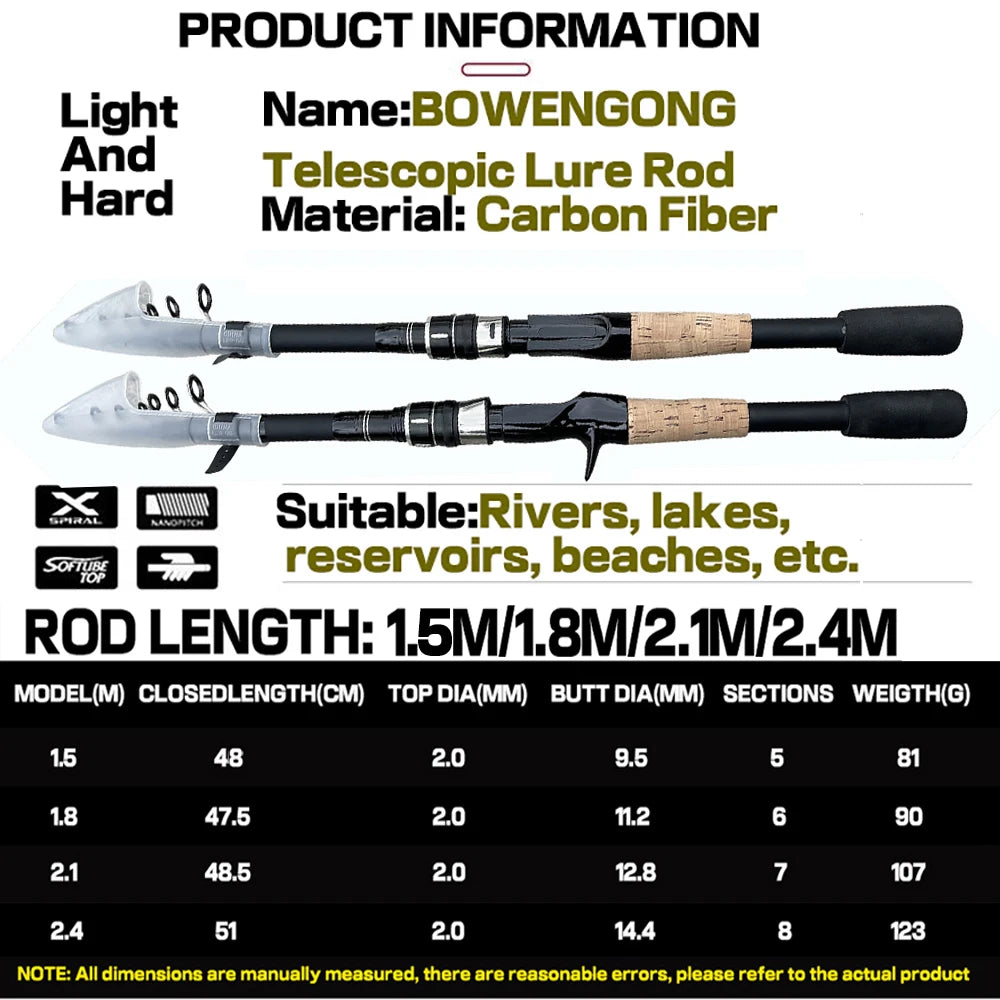 Lure Test  8g-25g Spinning/Casting Fish Rod Tackle 1.5M 1.8M 2.1M 2.4M Portable Telescopic Fishing Rods Carbon Cork Wood Handle