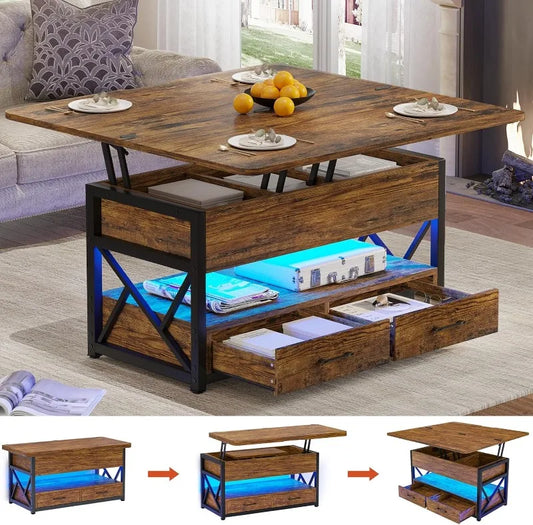 40" Lift Top Coffee Table, 4 in 1 Coffee Tables with Storage for Living Room, Small Farmhouse Coffee Table with 2 Drawers & LED