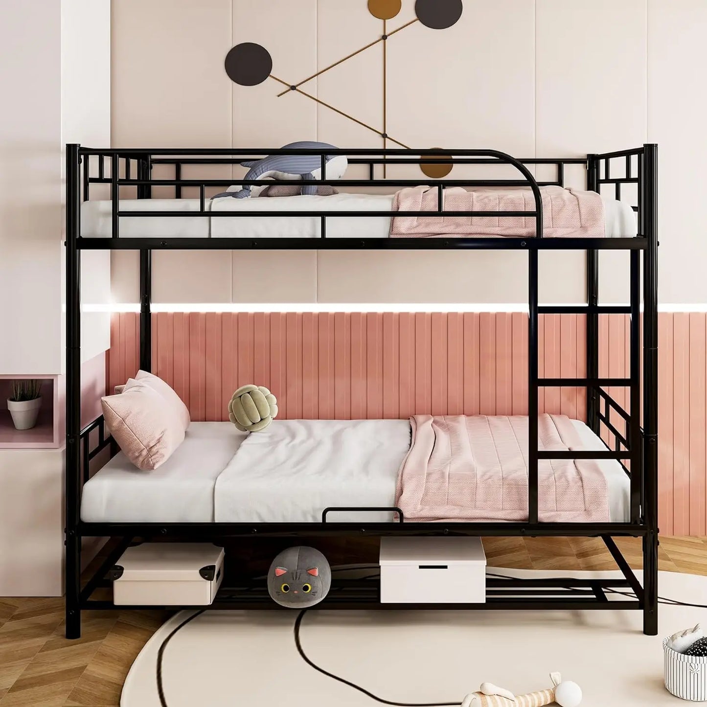 Twin Over Twin Bunk Bed with Under-Shelf & Ladder for Kids,Adult,Convertible Metal Bedframe,Perfect for Dorm,Bedroom,Guest Room