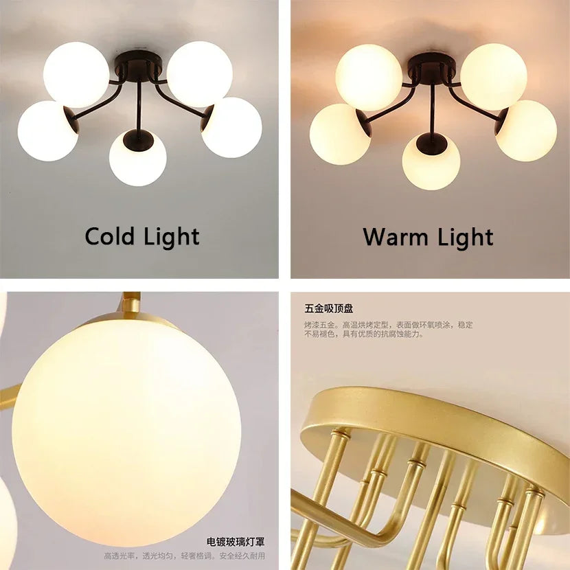 Nordic Milk White Glass Ball Ceiling Lights Black Gold Lamp Body for Living Room Bedroom LED Chandelier Drop Shipping