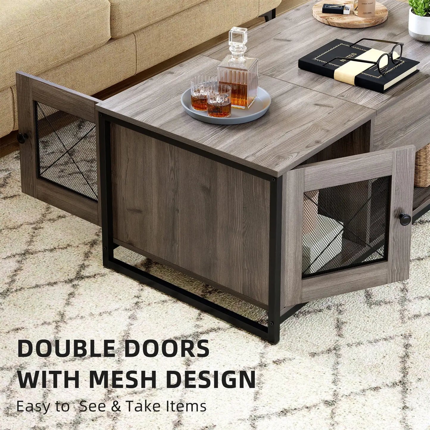 Dextrus Lift Top Coffee Tables with Storage, Double Doors Wood Cocktail Table for Living Room, Gray Wash    Small