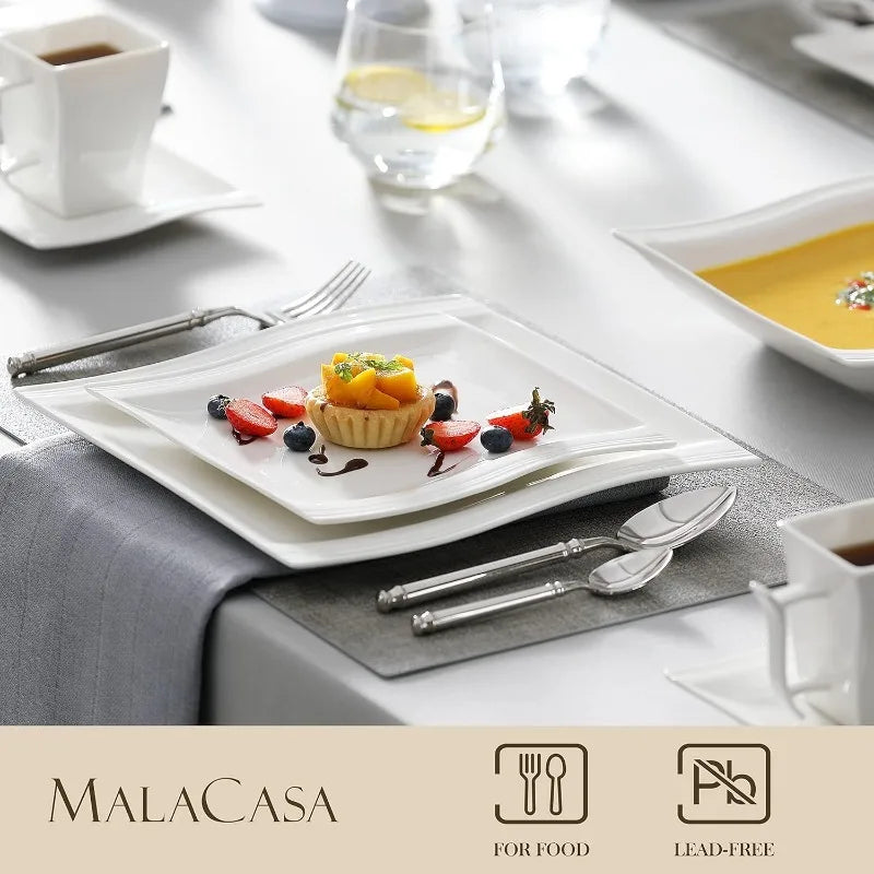 Porcelain Dinnerware Sets, Modern Square Dinner Set Plates and Bowls for Dessert, Salad and Pasta, Cup and Saucer Set