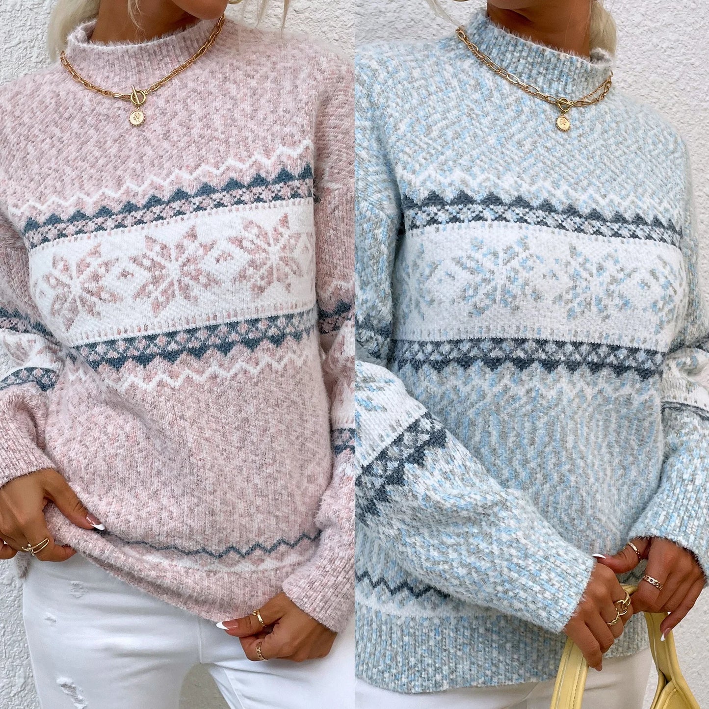 Women Knitwear Sweater Half Turtleneck Snowflake Printed Knitted Top Sweater Loose Fit Christmas Style Casual Vacation Outfit