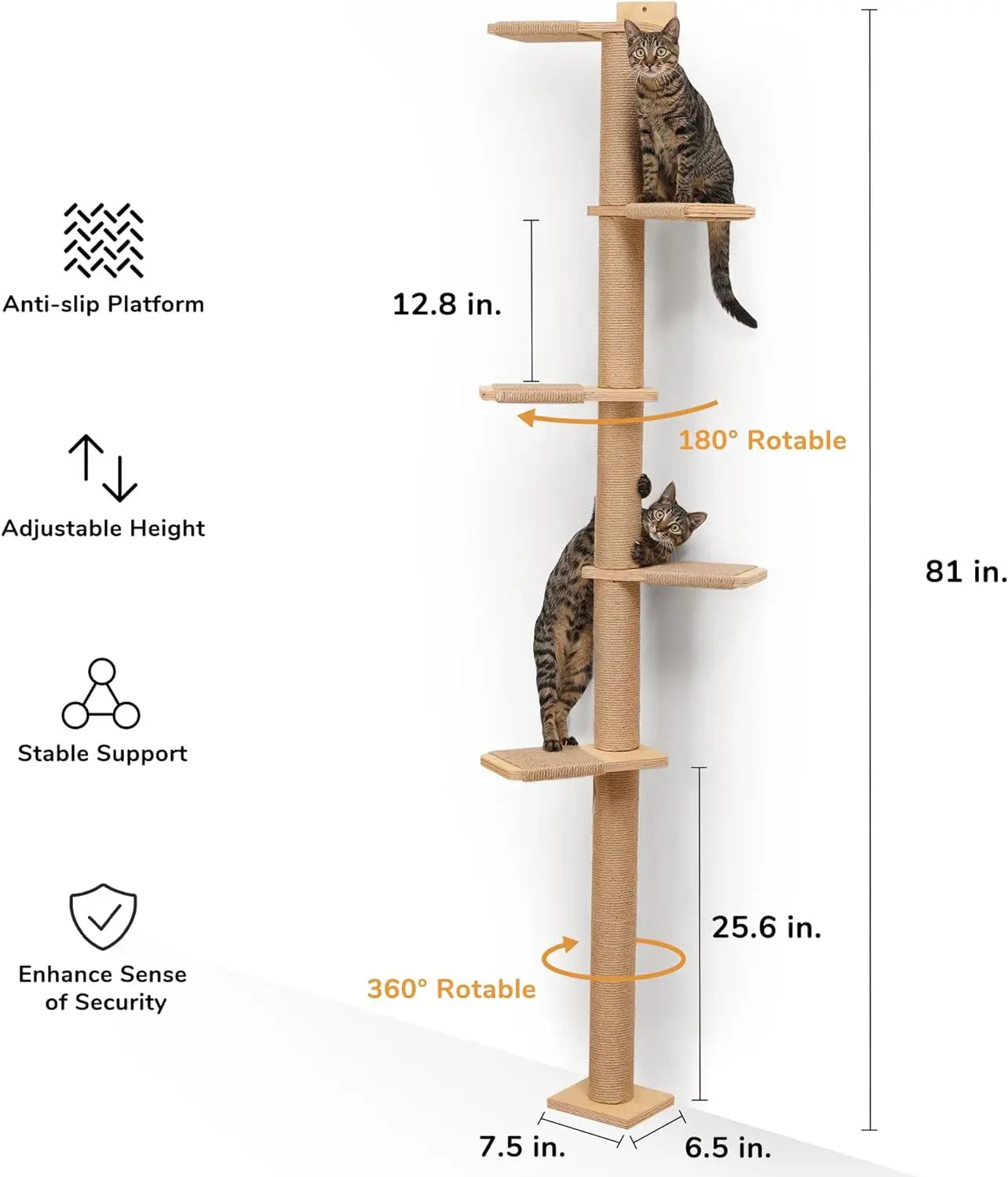 FUKUMARU Tall Cat Tree, 5 Tier Floor to Ceiling Cat Tower, Wall-Mounted Scratching Post, Wild Simulation Wall Shelves, S