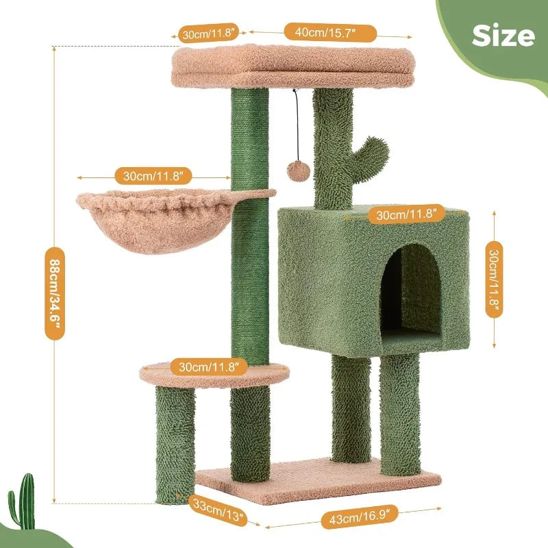 MeowSir Cactus Cat Tree 34 Inches Cute Cat Tower with Padded Top Perch, Comfy Hammock, Private Condo