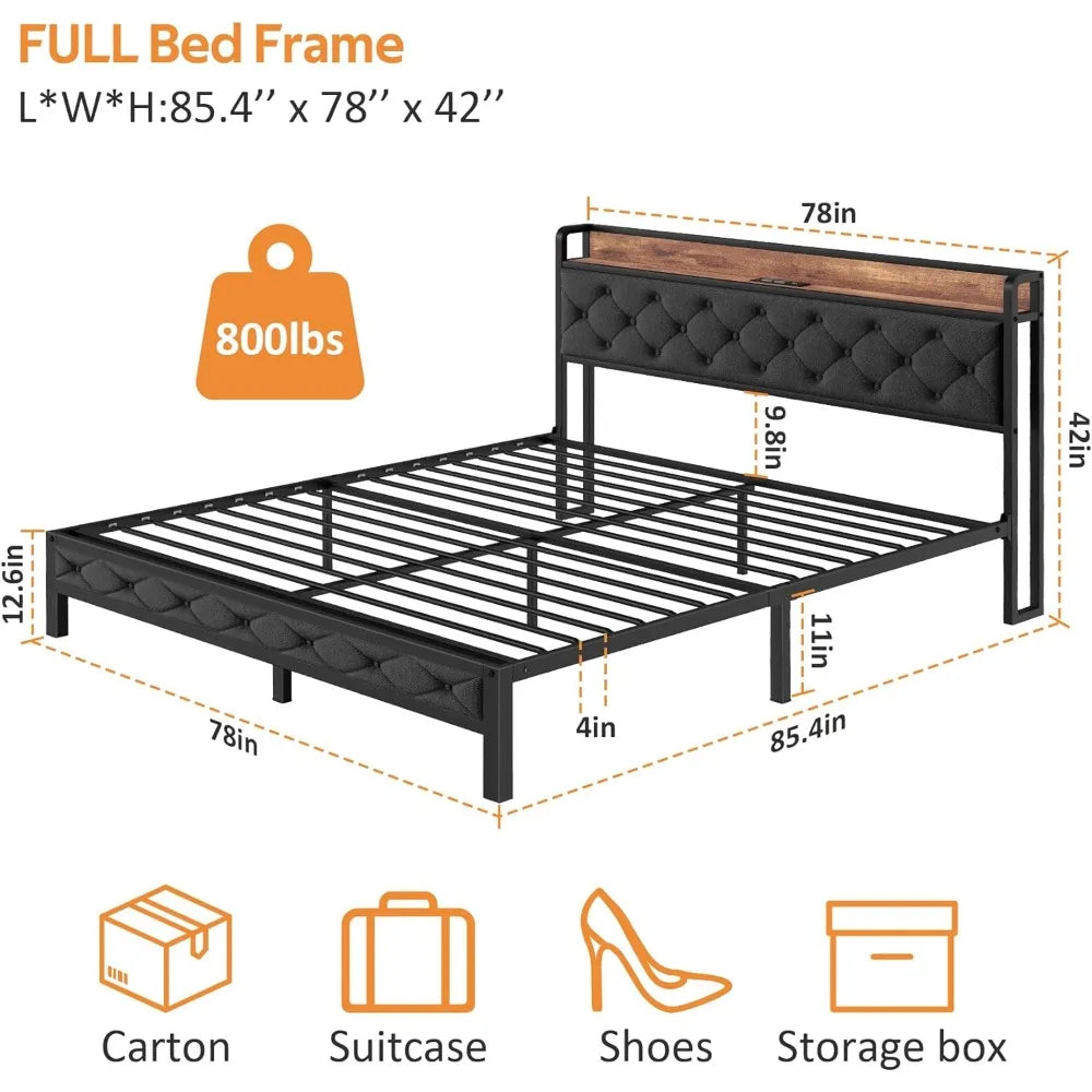 King Bed Frame with Headboard, Bed Frame with Charging Station, Modern Wood Upholstered Headboard and Under Bed Storage