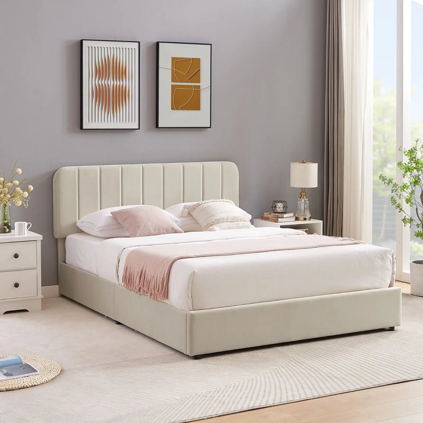 Upholstered Bed Frame + 4 Storage Drawer Platform Queen Size with Headboard for indoor bedroom furniture